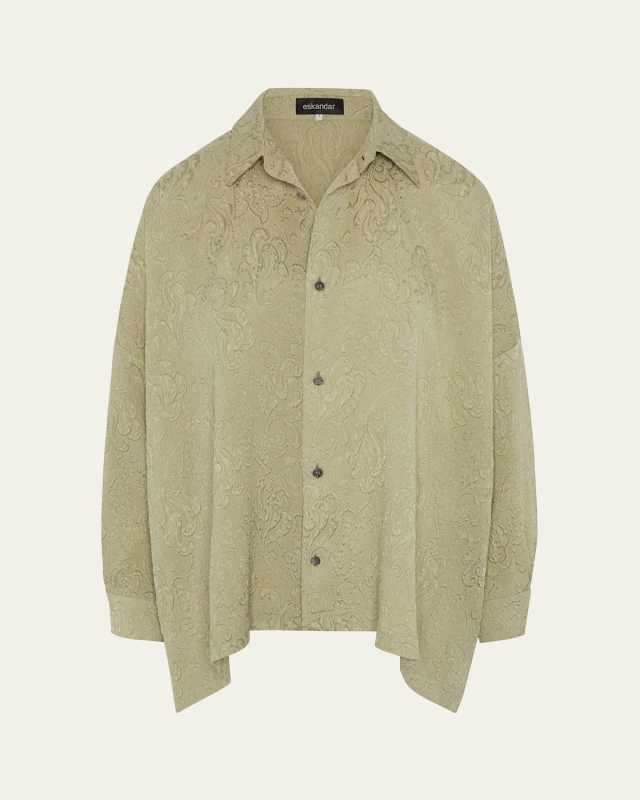 Damask Cloque Wide Longer-Back Shirt With Collar (Mid Plus Length)